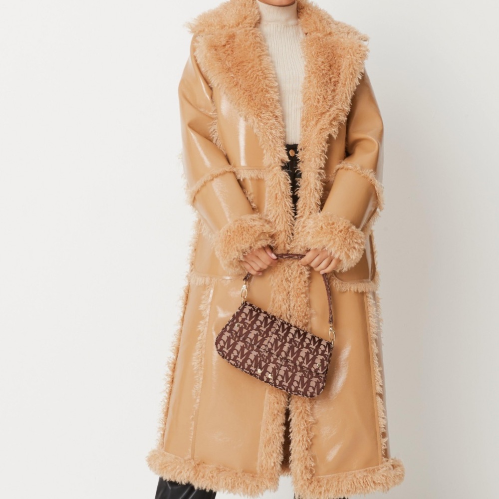 NWT MISSGUIDED SIMILAR TO ASOS AVIATOR LONGLINE MAXI TRENCH COAT FAXU FUR SIZE 4